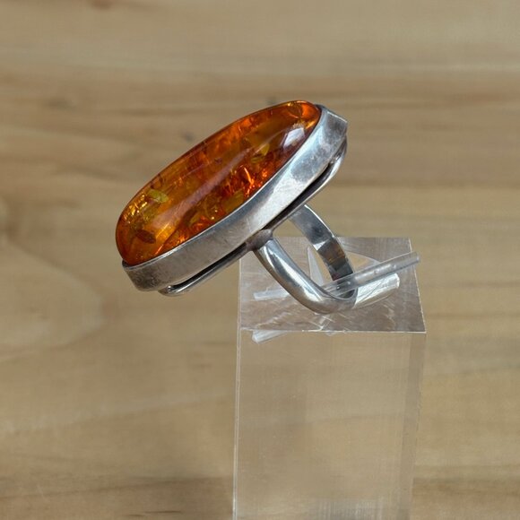 Large Amber & Sterling Silver Statement Ring Artisan Handmade Size 8 - Picture 7 of 16
